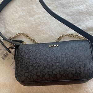 DKNY Black Logo Crossbody with Gold Chain Trim
